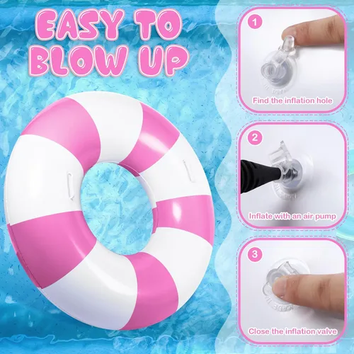 Vista 4 de 6 flotadores de piscina a rayas rosas y blancas para adultos, anillo de natación grande inflable con asas de 47.24 pulgadas, 35.43 pulgadas, tubos