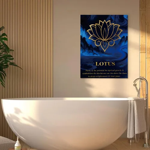Vista 4 de Arte de pared Zen azul y dorado para sala de estar, flor de loto abstracto, naturaleza, montaña, río, imagen, meditación, oficina, budismo