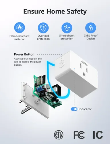 Vista 5 de Lepro P1 Smart Plug Mini 15A, enchufe de salida Wi-Fi para el hogar inteligente, compatible con Alexa y Google Assistant, control de aplicación