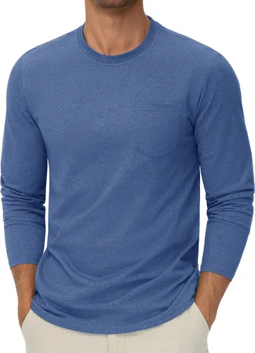 Vista 8 de Cotrasen Camisetas de manga larga para hombre, de algodón, cuello redondo, absorben la humedad, suaves, casuales, con bolsillo