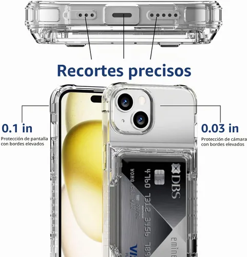 Vista 6 de ACANDYA Funda tipo cartera para iPhone 15 con tarjetero transparente