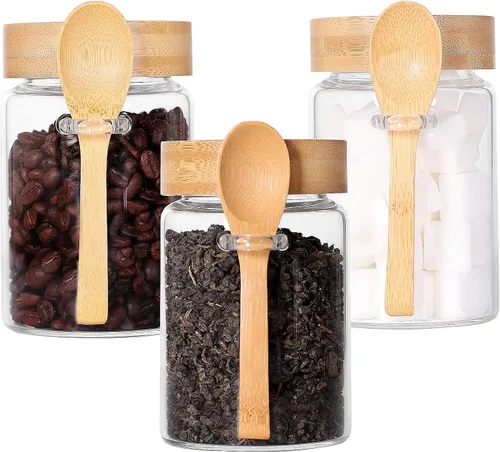 Vista 9 de Tarro de vidrio con tapa y cuchara de bambú, paquete de 8 recipientes de té de 10 onzas para té de hojas sueltas, recipientes de sal y azúcar