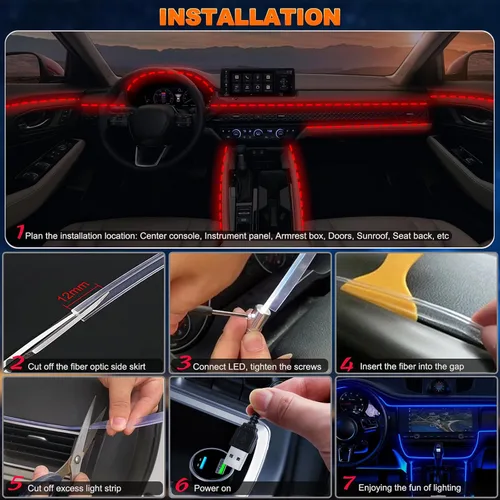 Vista 5 de Jushope - Luces LED para automóvil, luces interiores con control inalámbrico por aplicación/control remoto RF/botón, kit de iluminación ambiental