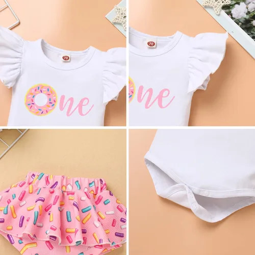 Vista 6 de IMEKIS Traje de 1er cumpleaños para bebé niña con estampado de girasol y durazno + pantalones cortos con volantes + diadema para sesión de fotos