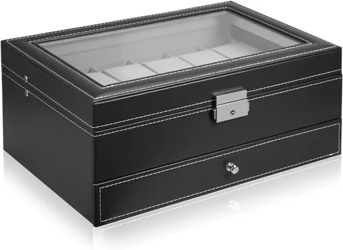 Vista 2 de Hossejoy Caja de reloj de cuero con 12 organizadores de relojes para hombre con cajón de exhibición de joyas organizador de caja de reloj