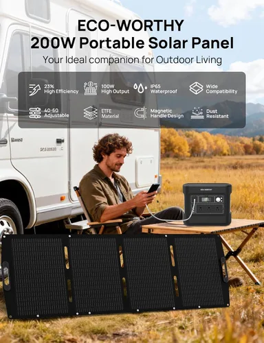 Vista 10 de ECO-WORTHY Panel solar portátil de 200 W para estaciones de energía, IP65 impermeable y ligero con soporte ajustable, panel solar plegable de alta