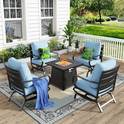 Vista 21 de MFSTUDIO Juego de 4 piezas de conversación para patio, marco de metal para todo tipo de clima, muebles de exterior con 1 mesa rectangular de propano