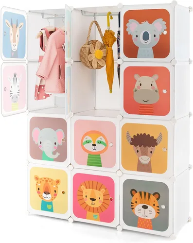 Vista 10 de HONEY JOY Armario para niños, organizador de almacenamiento de ropa de dibujos animados para bebés, 8 cubos y 2 secciones para colgar, armario Azul