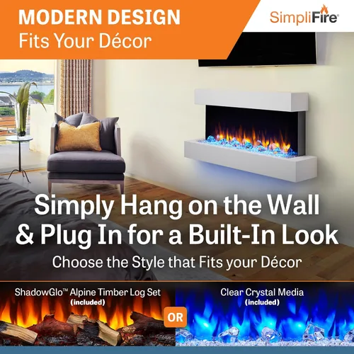 Vista 2 de SimpliFire Format Chimenea eléctrica de montaje en pared de 36 pulgadas con repisa flotante de 43 pulgadas (SF-FORMAT36-SF-FM43-WH)
