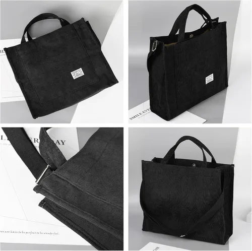 Vista 3 de Maki Izumi Bolsa de mano, bolsa de pana, bolso pequeño para mujer, bolso negro para mujer, bolsa de lona, bolsas de lona con asas.