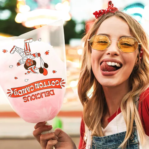 Vista 6 de Geyee 500 bolsas de algodón de azúcar con lazos, bolsas grandes de algodón transparente con estampado, ideales para carnavales, fiestas de verano
