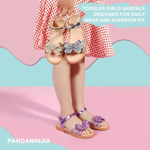 Vista 3 de PANDANINJIA Sandalias para niñas, puntera abierta, bonitos zapatos planos de princesa para niñas, zapatos de vestir brillantes de verano para bebés