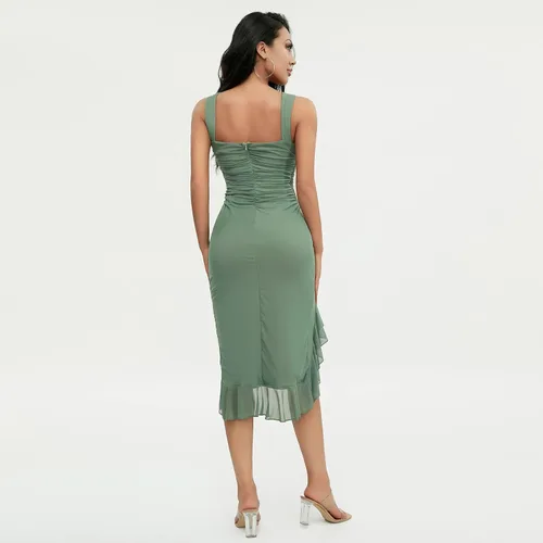 Vista 3 de Vestido sexy con volantes y flecos para mujer, vestido halter de verano Y2K, ajustado, de malla, sin mangas, de tul transparente, para fiesta, club