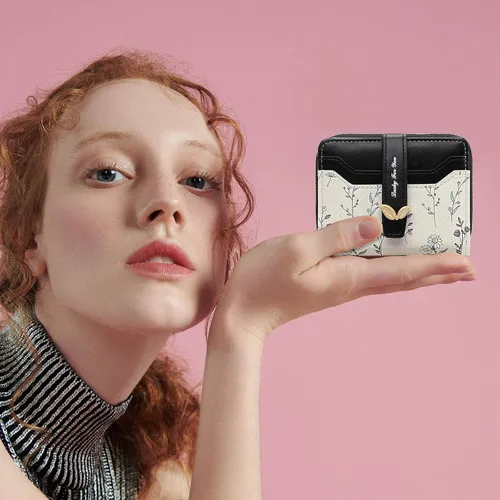 Vista 6 de GAEKEAO - Billetera pequeña para mujer con bloqueo RFID, de cuero vegano, plegable, con estampado floral, monedero con bolsillo con cremallera
