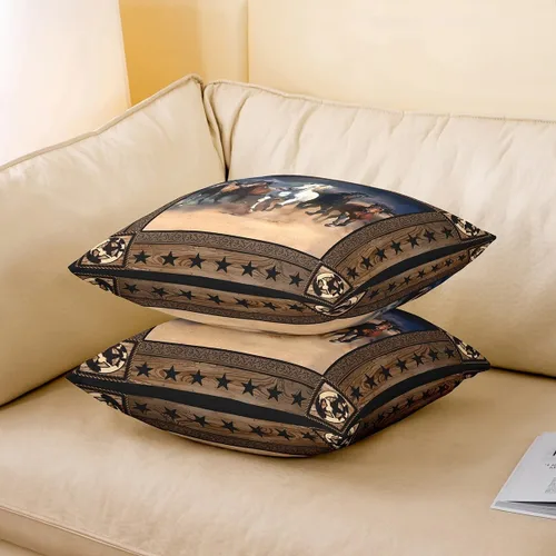Vista 3 de Juego de 2 fundas de almohada de caballo corriendo con diseño de estrellas de grano de madera, suave y cuadrada, para decoración de habitación