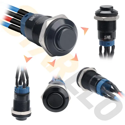 Vista 8 de STARELO 5 piezas Interruptor de botón LED momentáneo de 12 mm con carcasa negra y pre-cableado, interruptor de botón a prueba de agua IP65, 1NO 1