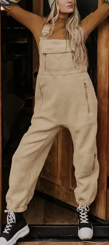 Vista 2 de Ebifin Overol de forro polar cálido para mujer, overoles de invierno sueltos casuales con bolsillos