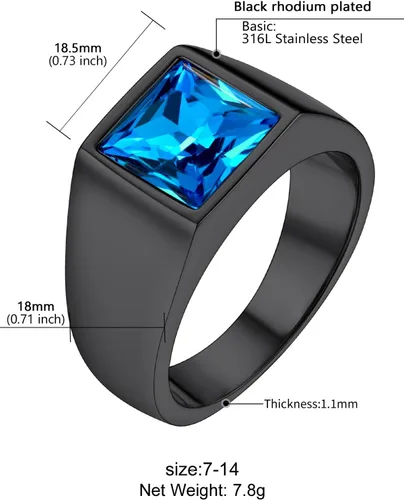 Vista 6 de Supcare Anillo cuadrado con sello de piedra preciosa para hombre, topacio azulanillo de cóctel onxy negro, ajuste cómodo, tallas 7 a 14, joyería