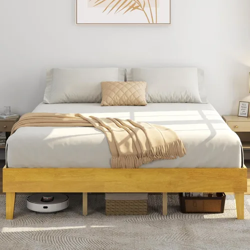 Vista 13 de Yaheetech Base de cama matrimonial con plataforma de madera maciza natural con soporte de listones de madera, espacio debajo de la cama de 12 Madera