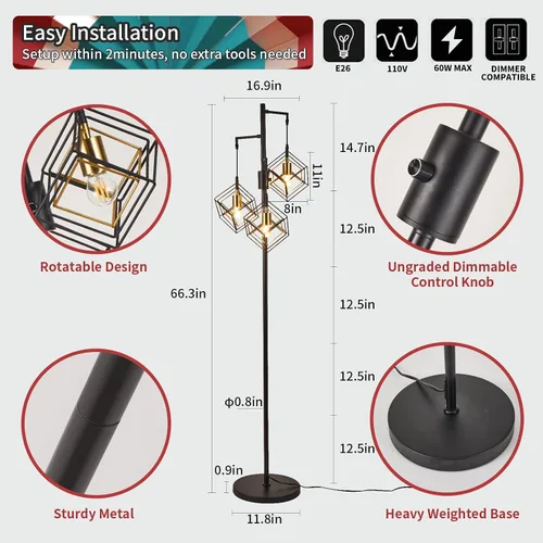 Vista 3 de Lámpara de pie regulable para sala de estar, lámpara de pie rústica de 3 luces, lámpara de pie moderna y brillante, lámpara de pie industrial