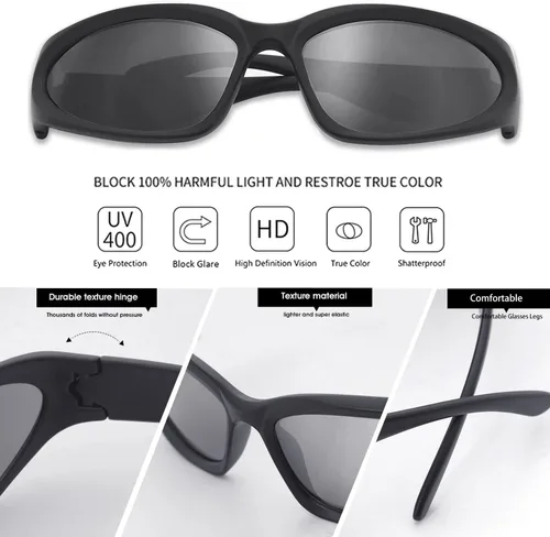 Vista 4 de knliwkm 2 pares de lentes de sol Y2K envolventes deportivos futuristas ovalados para mujeres y hombres, modernos tonos plateados