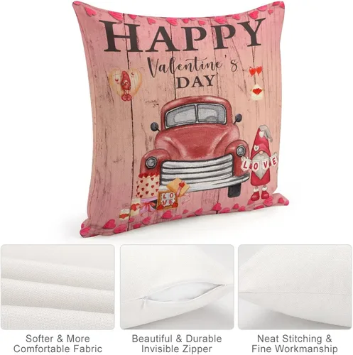Vista 4 de Love Heart Throw Cushion Cover Case Happy Valentine's Day Red Pink Hearts Truck Gnomes Decorative Pillow Cover Linen Square Zipped Pillow Case for