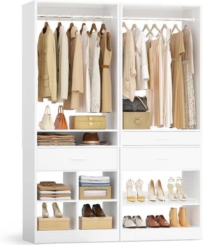 Vista 13 de Unikito Organizador de armario de 25 pulgadas de ancho x 80 pulgadas de alto, con barra para colgar y 2 cajones de madera, zapatero ajustable