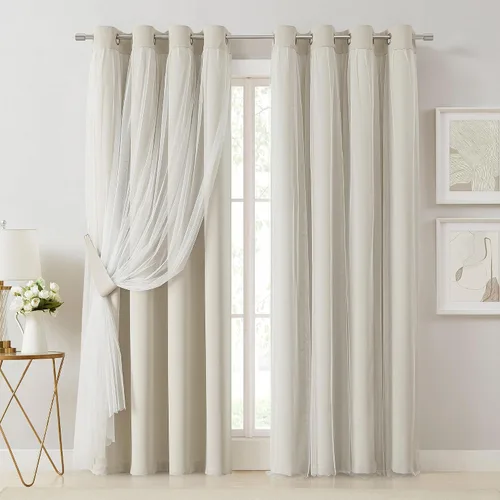 Vista 36 de Bujasso Cortinas 80% Opacas Beige con Superposición de Gasa Mezcla y Combinación Paneles de Ventana con Aislamiento Térmico de Doble Capa de 63