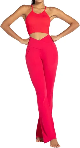 Vista 7 de Sunzel Leggings acampanados para mujer con bolsillos, pantalones de yoga cruzados con control de abdomen, cintura alta y pierna ancha
