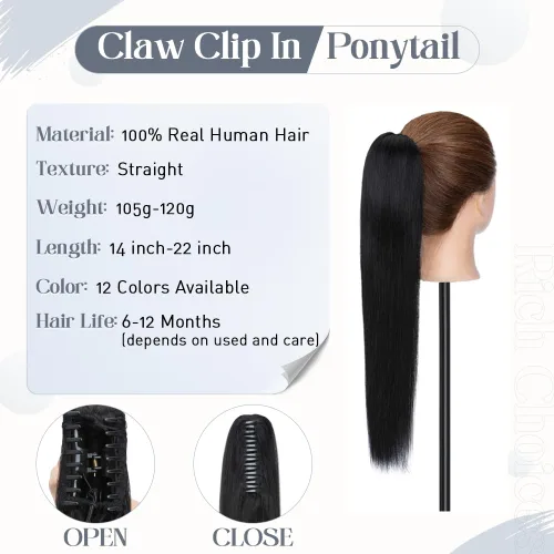 Vista 30 de Rich Choices Extensión de cola de caballo con clip de garra, cabello humano real, una pieza, extensiones de cabello largo Remy para mujer, #18P613