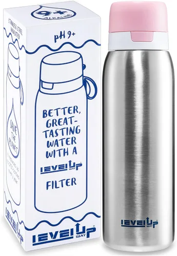 Vista 7 de Level Up Way Botella de agua de acero inoxidable de alta calidad de 25 onzas con filtro, sin BPA, esenciales de viaje, filtro de agua alcalino pH 9+