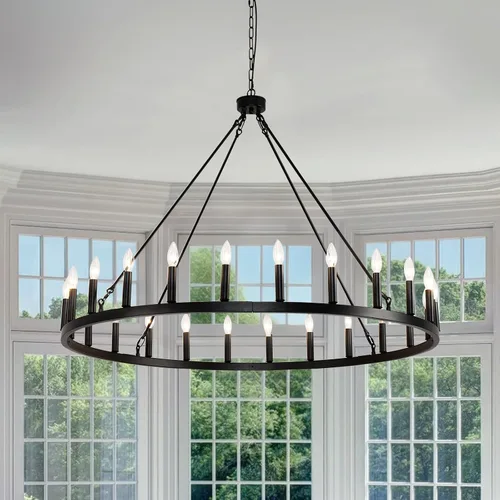 Vista 11 de Candelabro de iluminación de rueda de carro, 6 luces con pantalla de vidrio semillado, lámpara redonda de madera para cocina, isla de vestíbulo