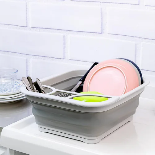 Vista 6 de SAMMART Escurridor de platos plegable con tabla escurridora, juego de escurridor plegable, organizador de vajilla portátil, bandeja