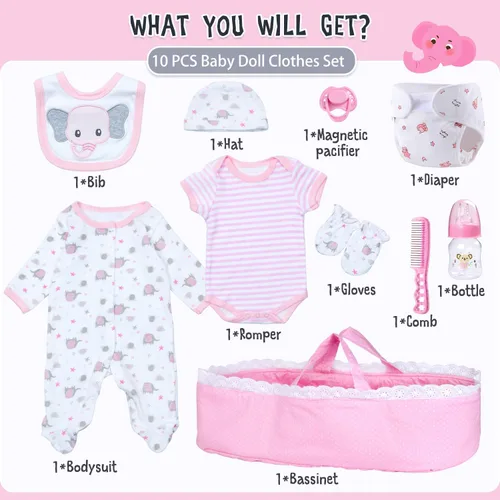 Vista 2 de Ropa de muñeca Reborn con moisés y accesorios de pañales reutilizables, juego de 10 piezas para muñecas de bebé de 17 a 22 pulgadas, muñecas rosadas