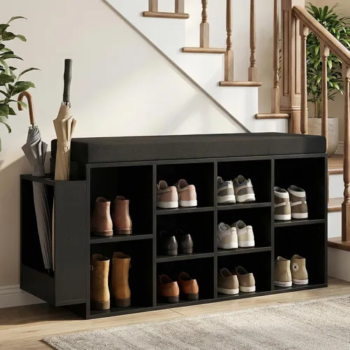 Vista 6 de Tangkula Banco de almacenamiento de zapatos con soporte para paraguas, organizador de zapatos de 40 pulgadas con asiento acolchado, 10 cubos y Negro