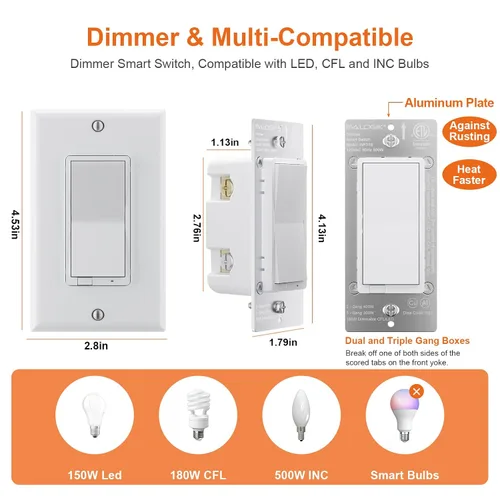 Vista 4 de Interruptor de luz inteligente WiFi de 3 vías, en la pared, no requiere concentrador, compatible con Alexa y Google Home (WF31S)