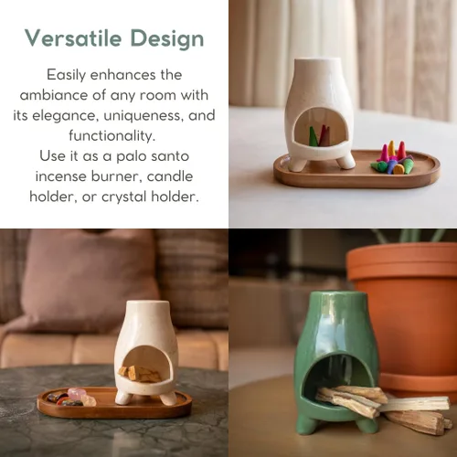 Vista 3 de Mini-Chiminea - Soporte de Palo Santo hecho a mano, quemador de incienso y atrapa cenizas para palitos de Palo Santo o incienso, decoración única