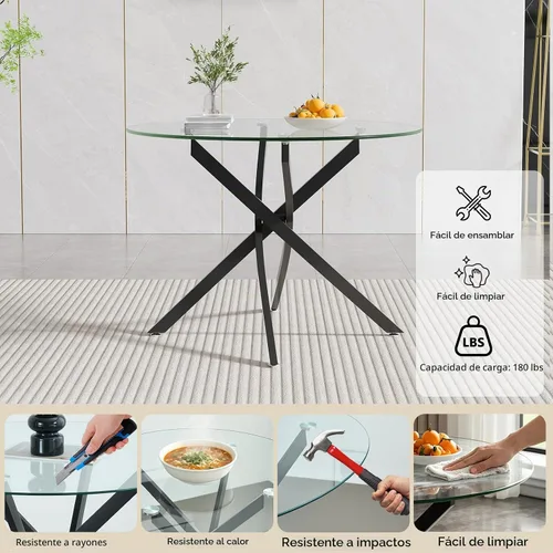 Vista 3 de HomVent Juego de mesa de comedor redonda de vidrio de 3 piezas para 2 con 2 Mesa negra con 2 sillas grises de PU