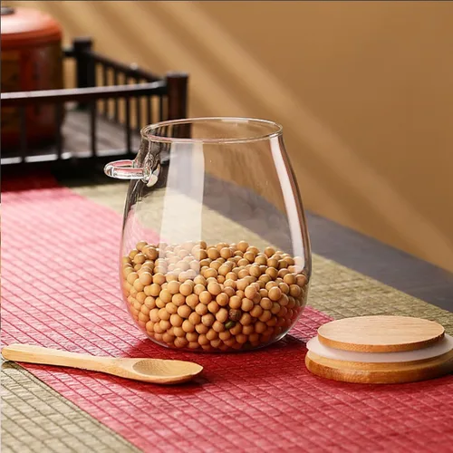 Vista 8 de Juego de tarros de almacenamiento de vidrio herméticos con tapa de bambú de boca ancha, a prueba de fugas, con cuchara, se pueden usar para granos