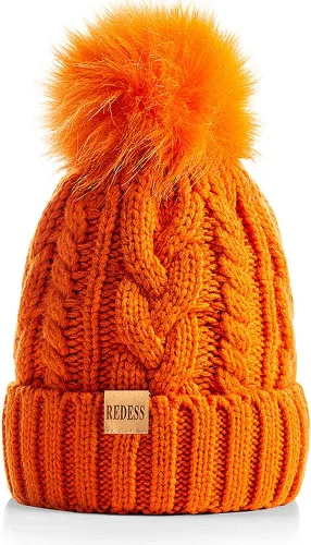 Vista 7 de Redess Gorro de invierno con pompón y forro polar cálido, grueso y holgado, tejido, para la nieve, para esquiar, para mujer Beige