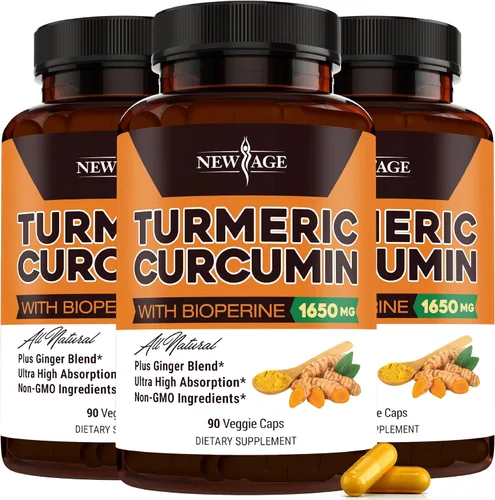 Vista 2 de NEW AGE Curcumina de cúrcuma con cápsulas de bioperina, apoyo natural para articulaciones y saludable con 95% curcuminoides estandarizados