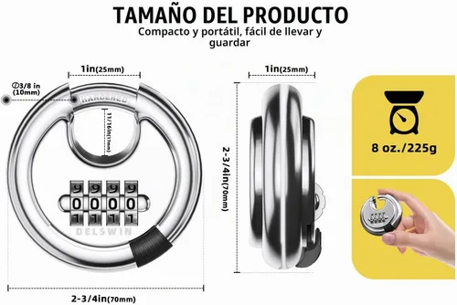 Vista 2 de DELSWIN - Candado de combinación de 4 dígitos con grillete de acero endurecido, candado de combinación para cobertizos, casillero de gimnasio, área