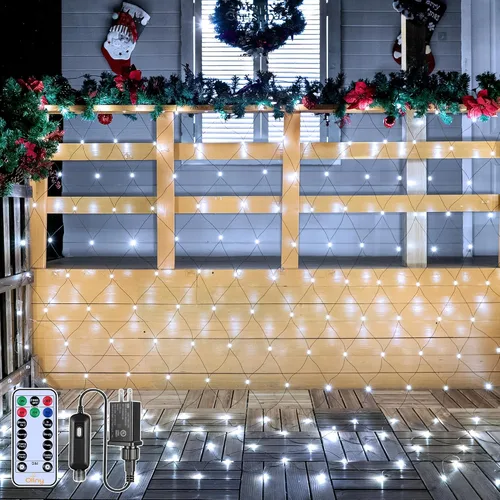 Vista 10 de Ollny Luces de Red para Exteriores Luz de Malla, 210 LED de 10 x 7 pies, cable verde, luces de red de Navidad, IP67 impermeable, 8 modos enchufable