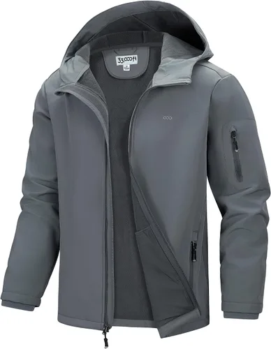 Vista 10 de 33,000ft Chaqueta de softshell con capucha para hombre, impermeable, ligera, aislada, cortavientos, forro de forro polar, chaqueta de lluvia Verde