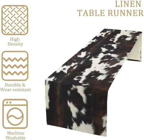 Vista 4 de Camino de mesa con estampado de vaca, camino de mesa estilo occidental con estampado de cuero de vaca en blanco y negro, decoración de mesa