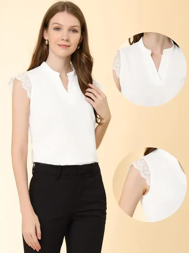 Vista 2 de Allegra K Blusa básica de trabajo para mujer con encaje y manga casquillo