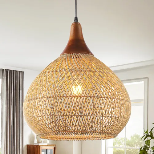 Vista 14 de Luces Colgantes Bohemias, Candelabro de Ratán de 1 Luz de 15.7", Luz Colgante de Mimbre Tejida a Mano con Pantalla de Jacinto de Agua, Luz Colgante