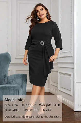 Vista 2 de KIMCURVY Vestido de manga 34 para mujer, talla grande, vestido de noche para negocios, cóctel, fiesta, con diamantes de imitación Revomables