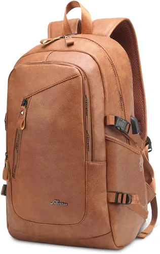 Vista 6 de DYJ Mochila de cuero vegano para laptop para mujeres y hombres, mochilas de viaje vintage de poliuretano con puerto de carga USB para laptop de 17
