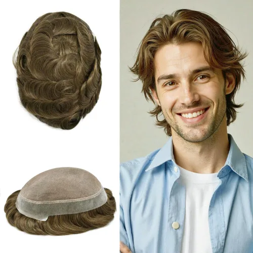 Vista 90 de Toupee para hombres Piezas de pelo fino mono para hombre Toupee sistema de reemplazo de pelo para hombres línea capilar natural para hombre postizo